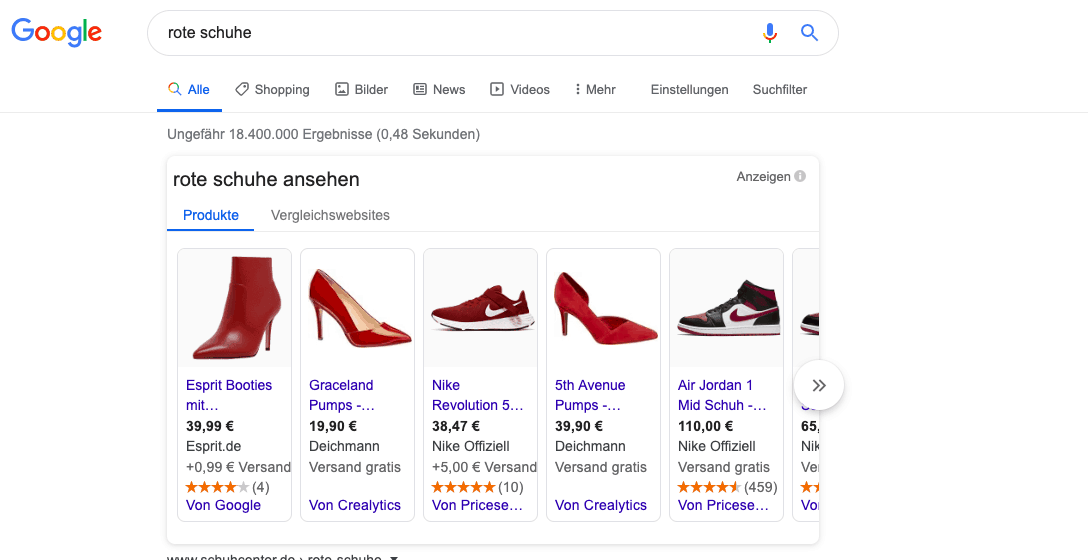 Google Shopping einrichten Beispielfoto Keyword Rote Schuhe