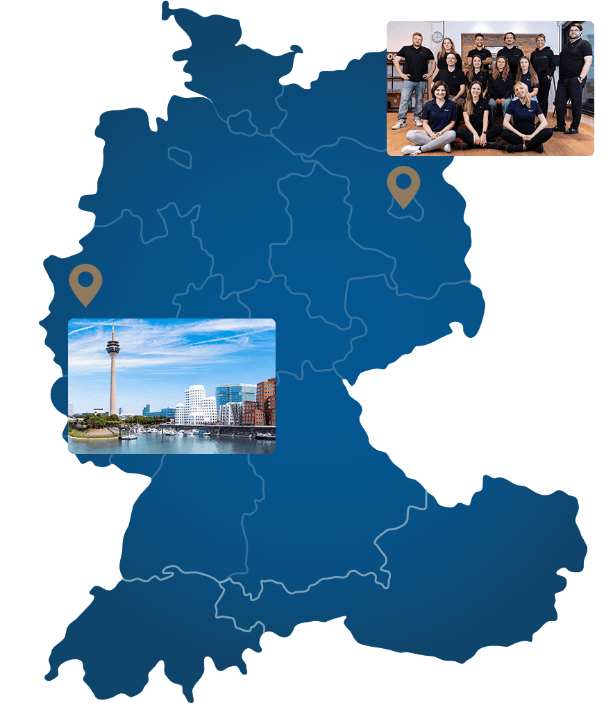 Karte der DACH-Region mit dem Agenturstandort Berlin und der betreuten Region Düsseldorf