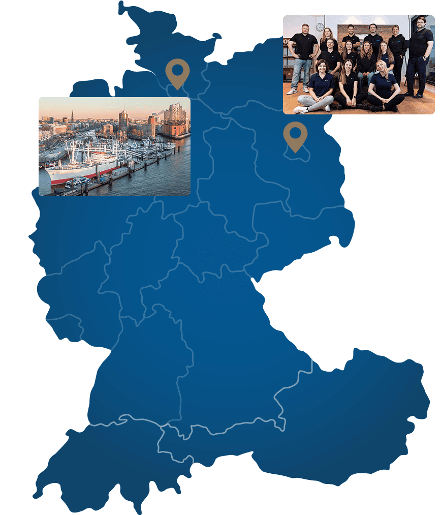 Karte der DACH-Region mit dem Agenturstandort Berlin und der betreuten Metropolregion Hamburg