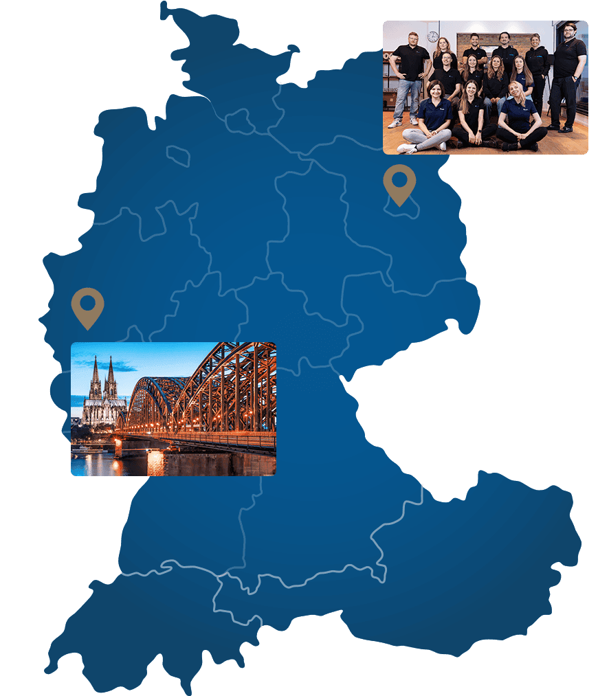 Karte der DACH-Region mit dem Agenturstandort Berlin und der betreuten Region Köln