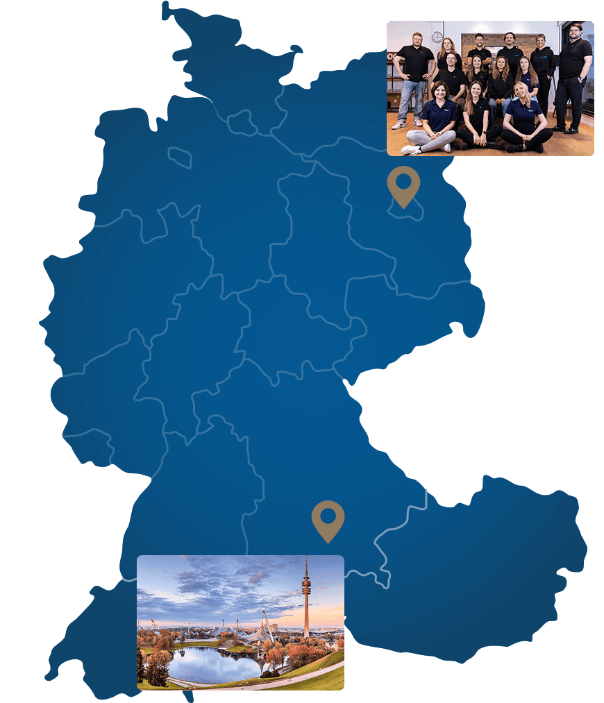 Karte der DACH-Region mit Sitz der SEA-Experten in Berlin und Google Ads Betreuung für München und Oberbayern