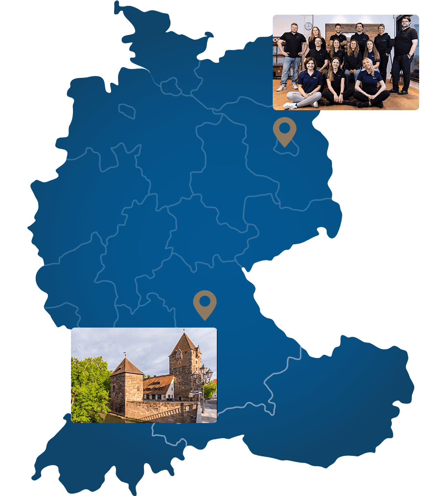 Karte der DACH-Region mit Agentursitz der SEA-Experten in Berlin und Google Ads Betreuung für Nürnberg und Mittelfranken