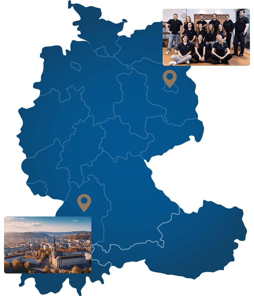 Karte der DACH-Region mit dem Agenturstandort Berlin und der betreuten Region Stuttgart