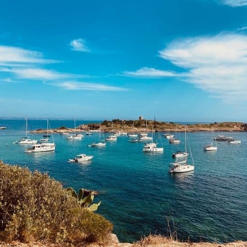 Segelboote, Motorboote und Yachten in einer Bucht von Mallorca